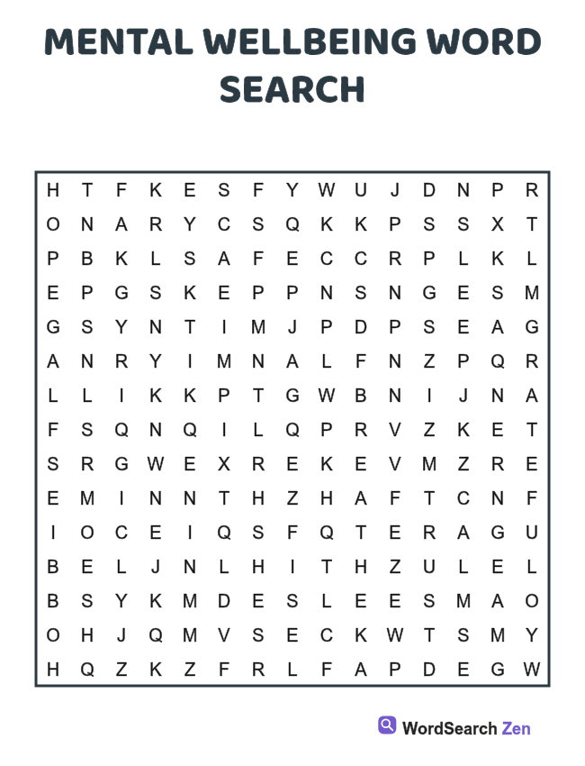 Mental Wellbeing Word Search printable puzzle sheet