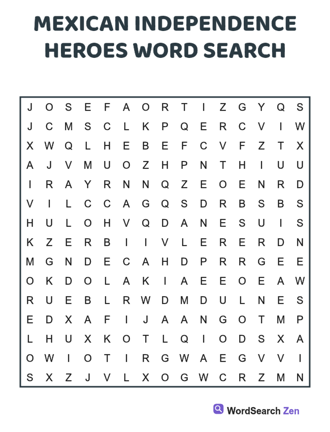 Mexican Independence Heroes Word Search printable puzzle sheet