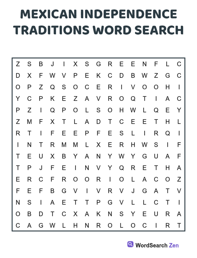 Mexican Independence Traditions Word Search printable puzzle sheet