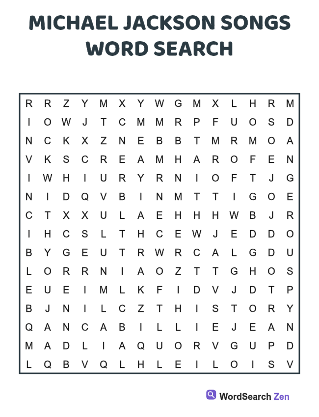 Michael Jackson Songs Word Search printable puzzle sheet