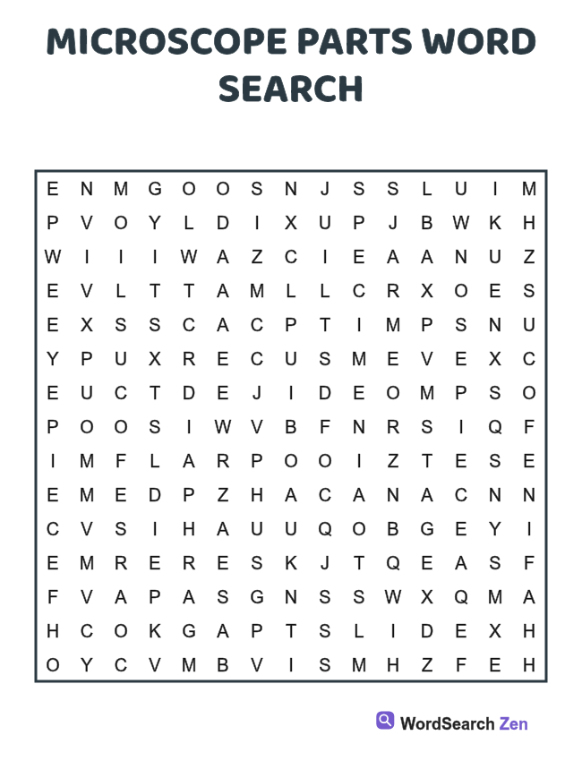 Microscope Parts Word Search printable puzzle sheet