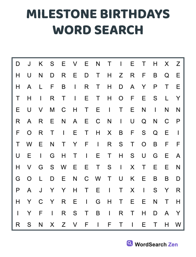 Milestone Birthdays Word Search