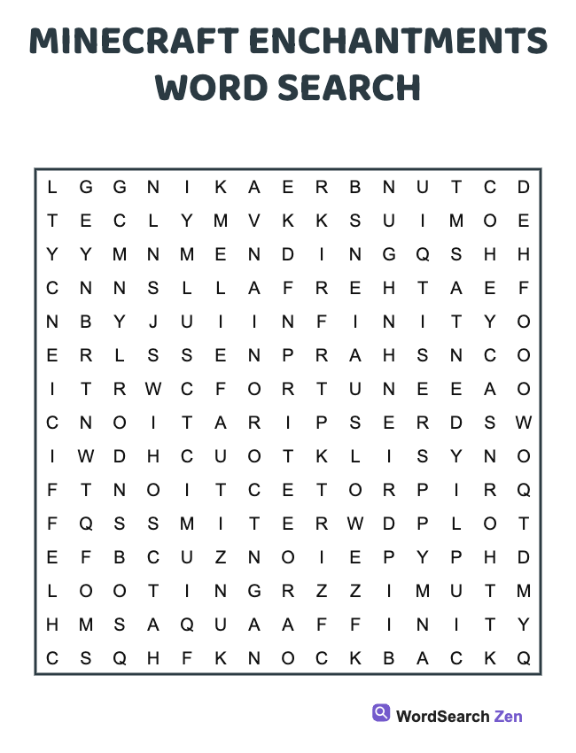 Minecraft Enchantments Word Search