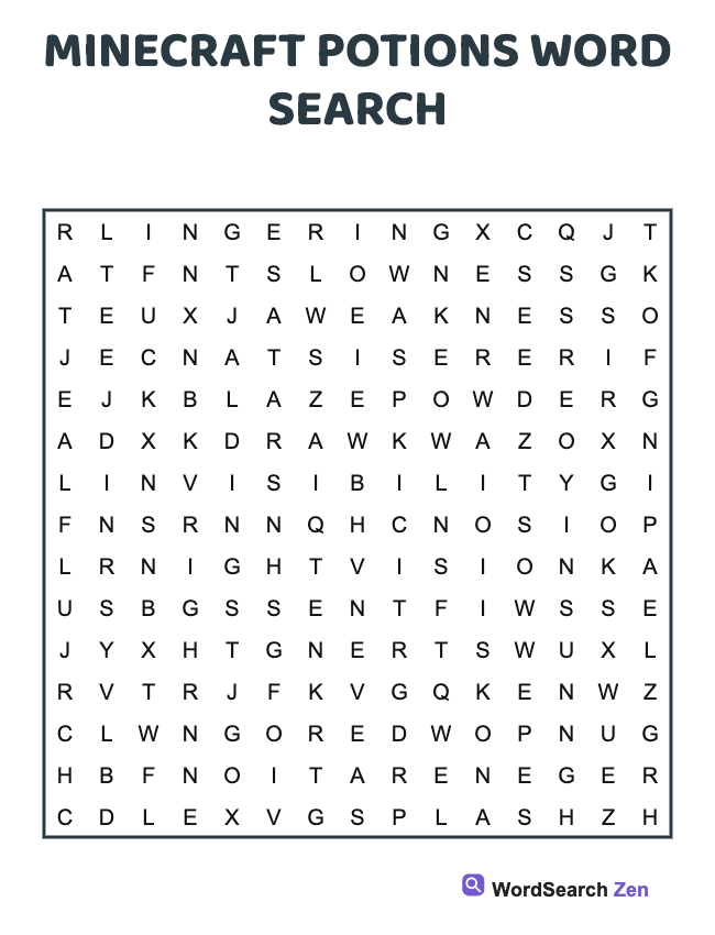 Minecraft Potions Word Search