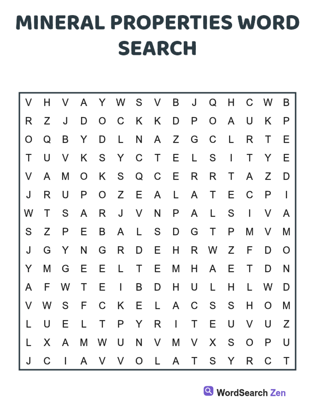 Mineral Properties Word Search printable puzzle sheet