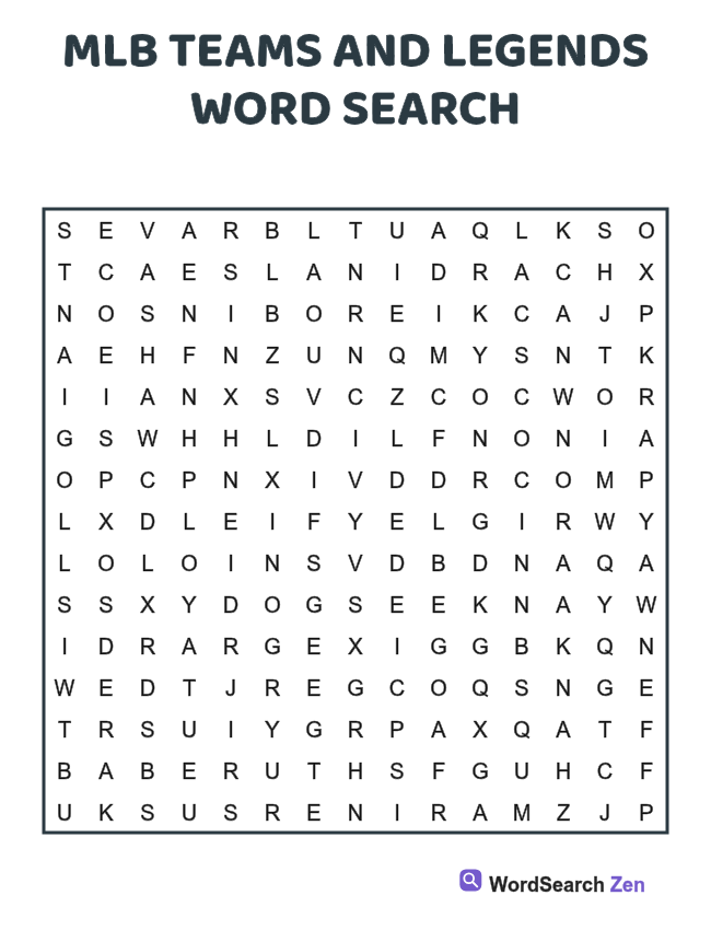 MLB Teams and Legends Word Search printable puzzle sheet, 15 hidden words