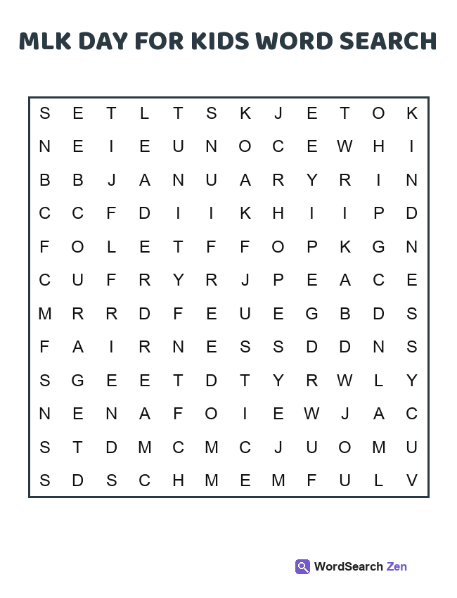 MLK Day For Kids Word Search printable puzzle sheet