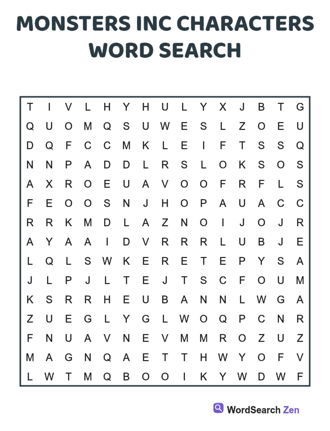 Monsters Inc Characters Word Search printable puzzle sheet, 15 hidden words