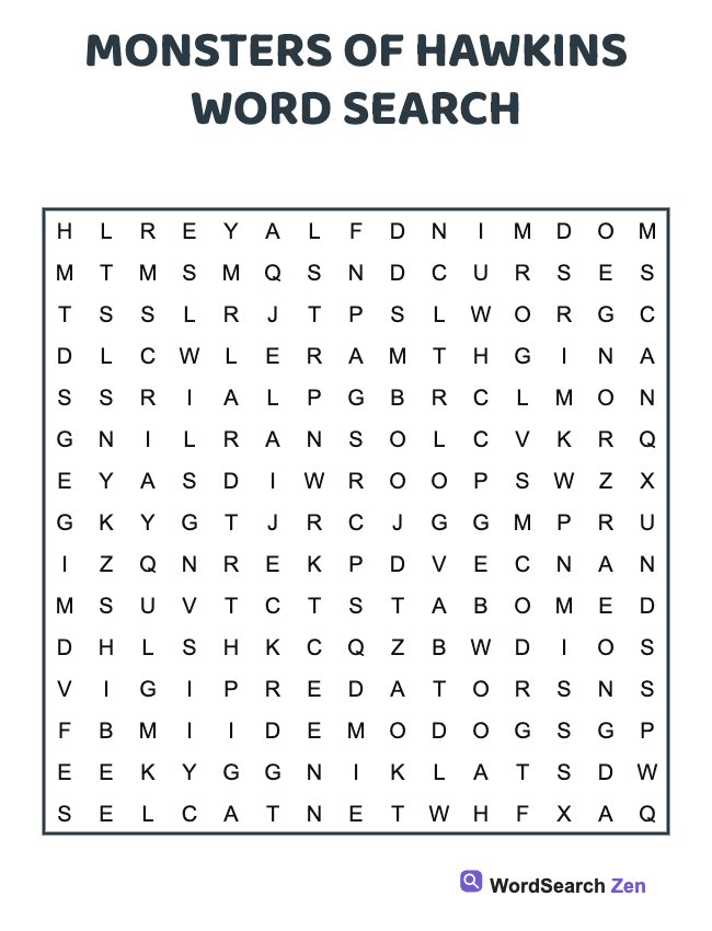 Monsters Of Hawkins Word Search