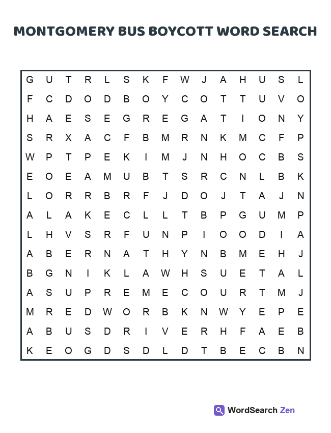 Montgomery Bus Boycott Word Search printable puzzle sheet