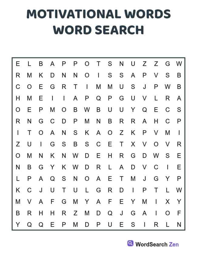 Motivational Words Word Search printable puzzle sheet, 15 hidden words