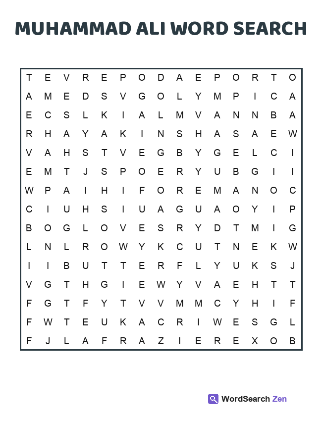 Muhammad Ali Word Search printable puzzle sheet