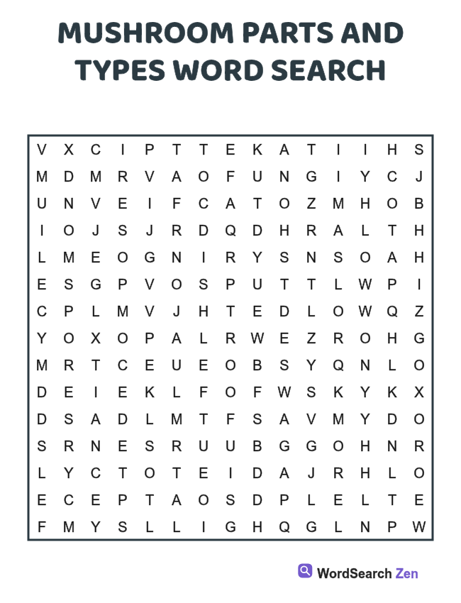 Mushroom Parts and Types Word Search printable puzzle sheet, 15 hidden words