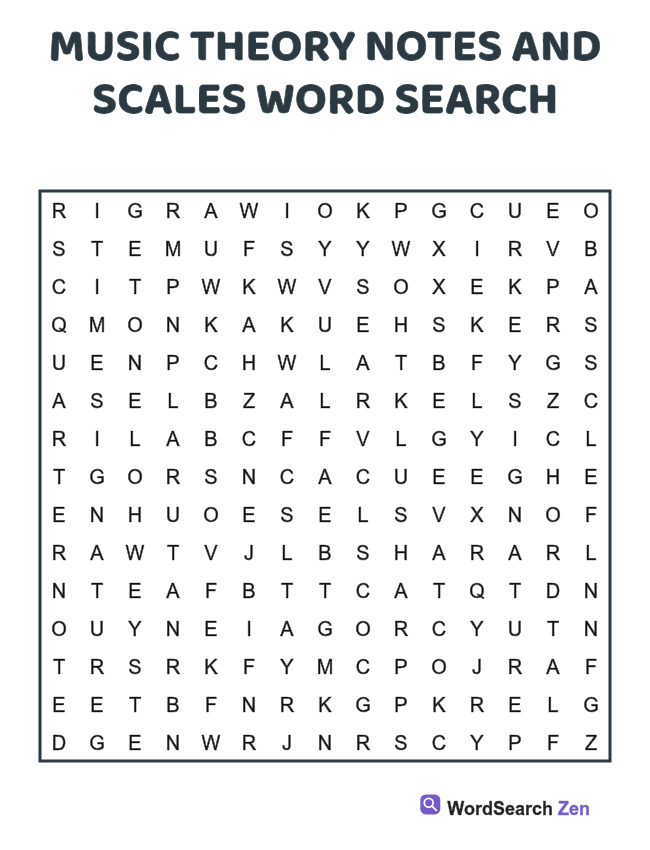 Music Theory Notes and Scales Word Search printable puzzle sheet