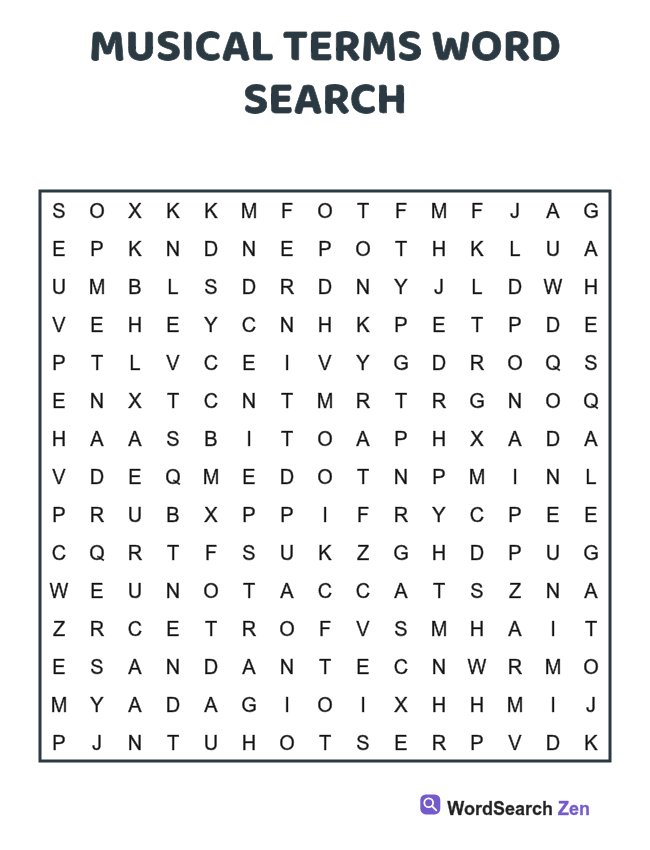 Musical Terms Word Search printable puzzle sheet