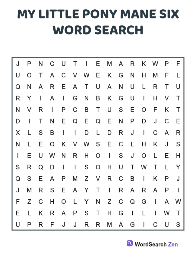 My Little Pony Mane Six Word Search printable puzzle sheet, 15 hidden words