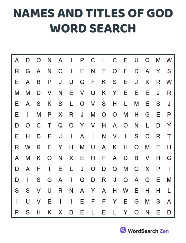 Names and Titles of God Word Search printable puzzle sheet, 15 hidden words