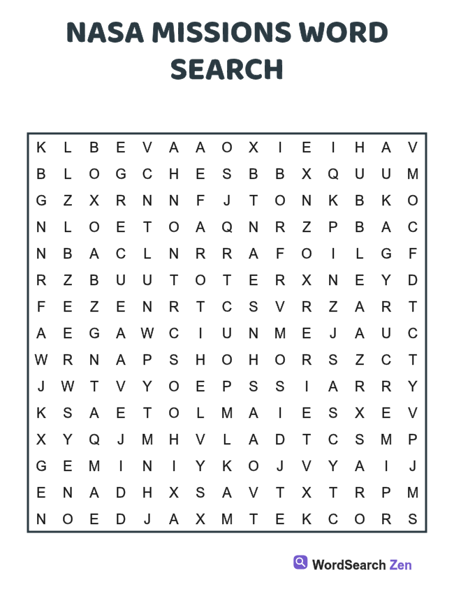 NASA Missions Word Search printable puzzle sheet, 15 hidden words