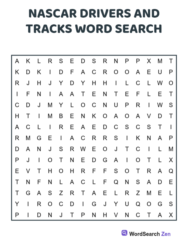 NASCAR Drivers and Tracks Word Search printable puzzle sheet, 15 hidden words