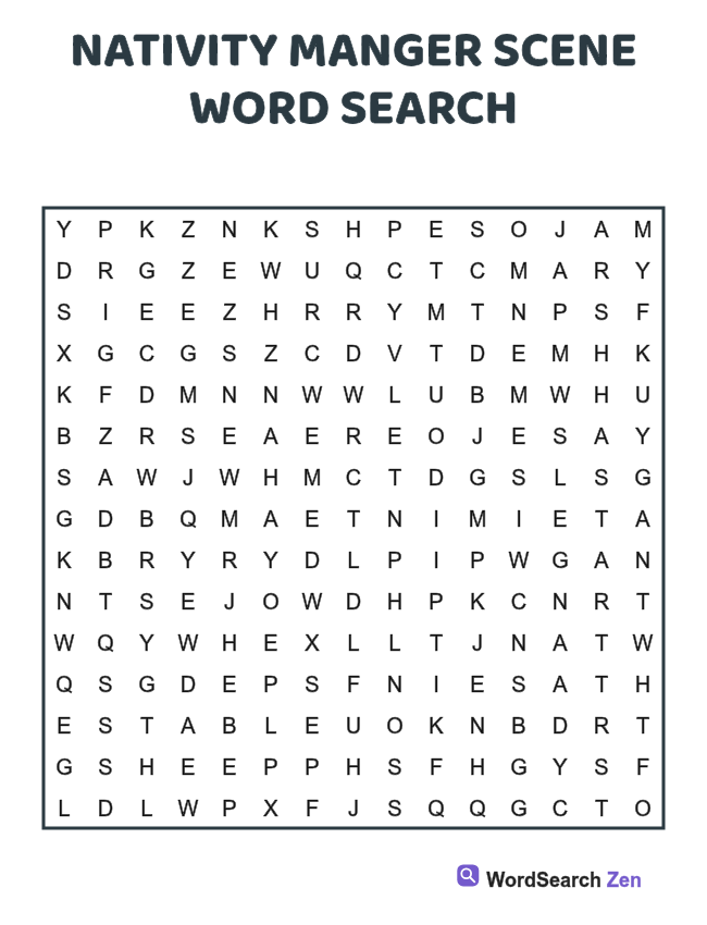Nativity Manger Scene Word Search printable puzzle sheet, 15 hidden words