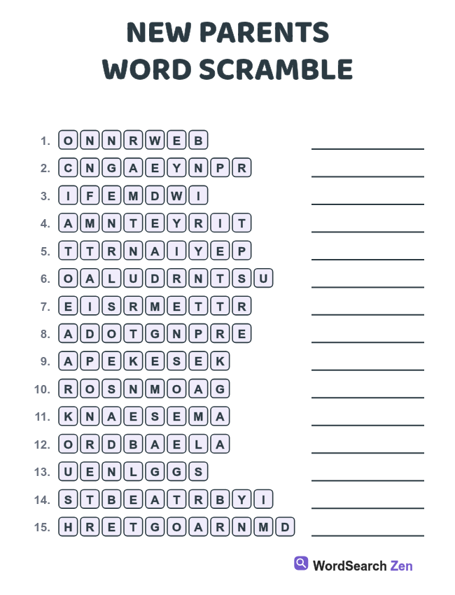 New Parents Word Scramble printable sheet