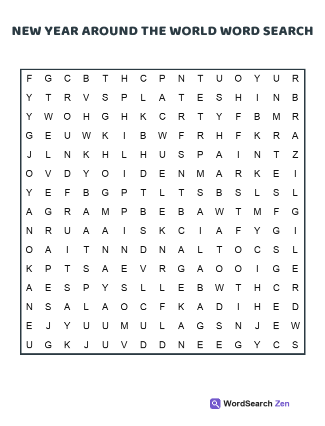 New Year Around The World Word Search printable puzzle sheet
