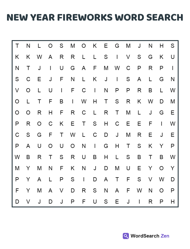 New Year Fireworks Word Search printable puzzle sheet