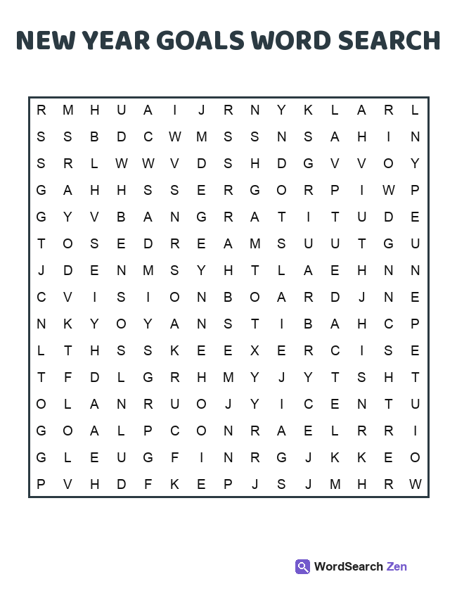 New Year Goals Word Search printable puzzle sheet