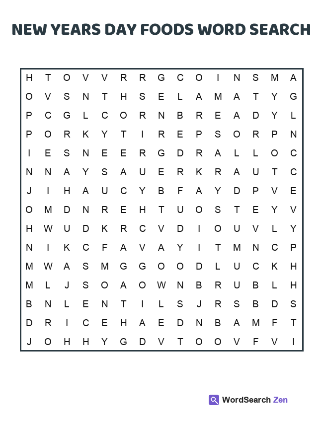 New Years Day Foods Word Search printable puzzle sheet