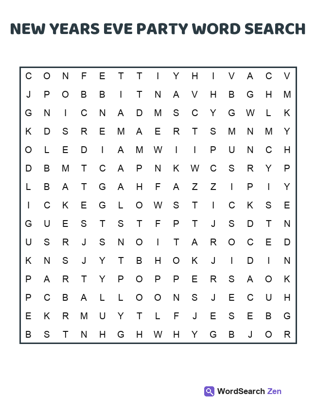 New Years Eve Party Word Search printable puzzle sheet