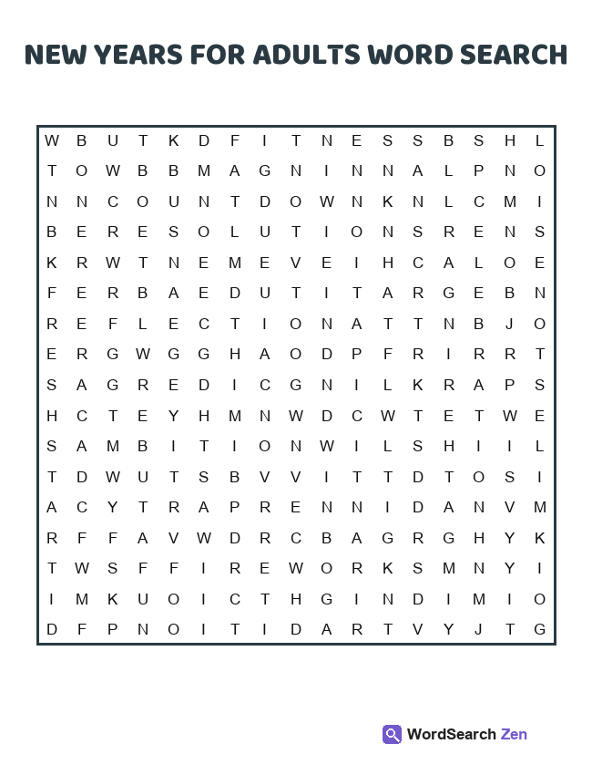 New Years For Adults Word Search printable puzzle sheet