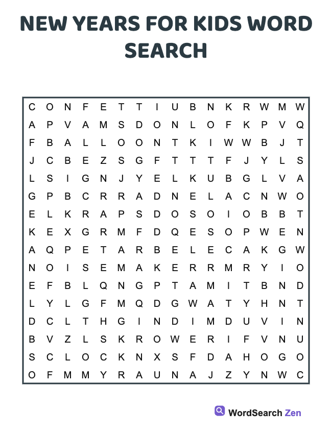 New Years For Kids Word Search printable puzzle sheet
