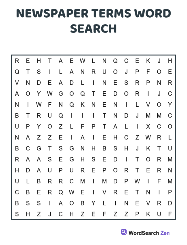 Newspaper Terms Word Search printable puzzle sheet, 15 hidden words