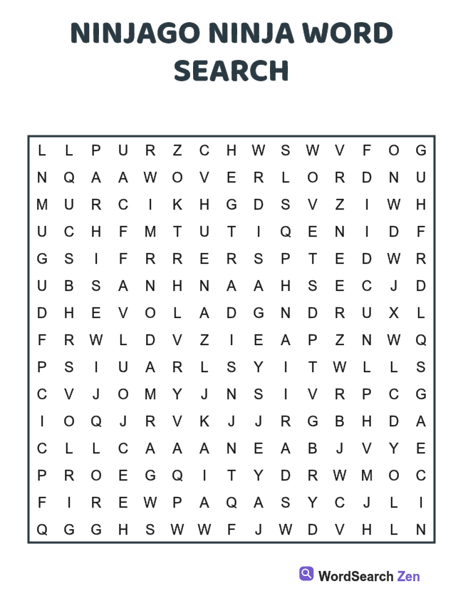 Ninjago Ninja Word Search printable puzzle sheet, 15 hidden words