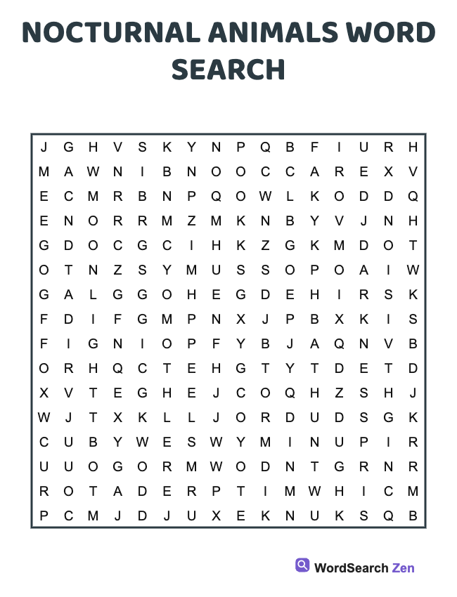 Nocturnal Animals Word Search