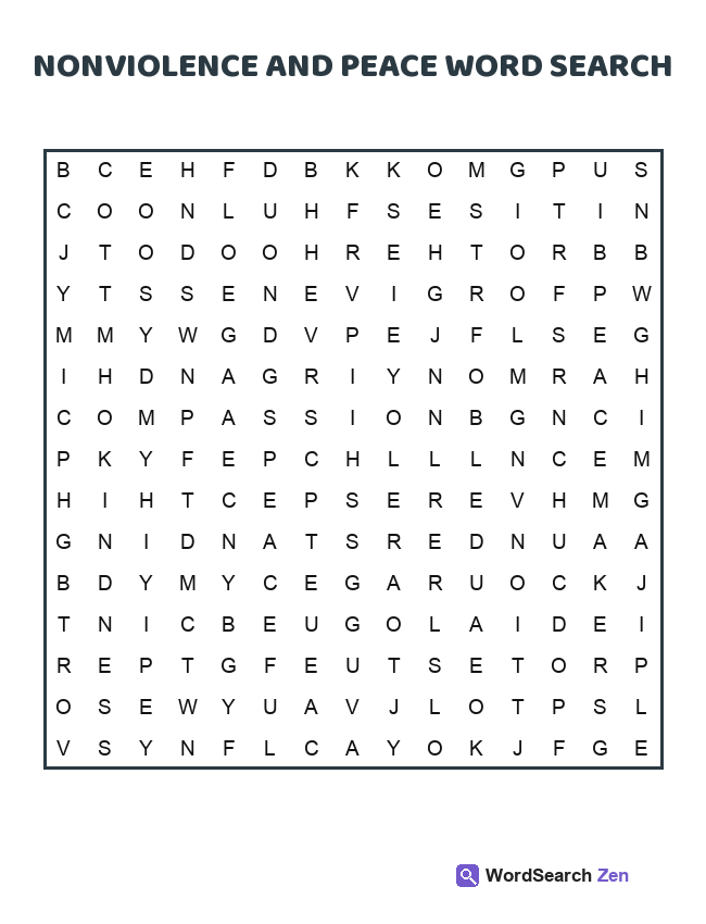 Nonviolence And Peace Word Search printable puzzle sheet