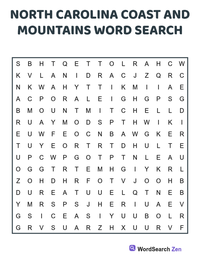 North Carolina Coast and Mountains Word Search printable puzzle sheet, 15 hidden words