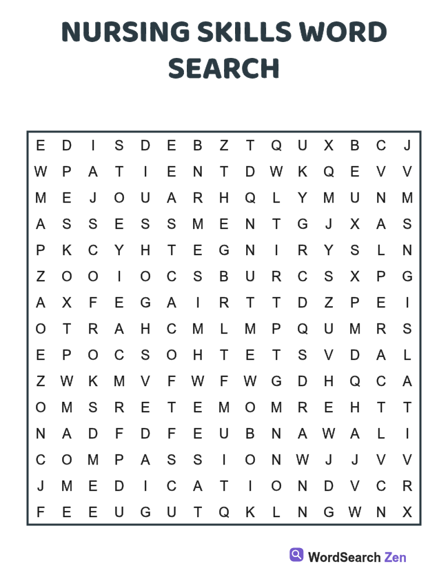 Nursing Skills Word Search printable puzzle sheet