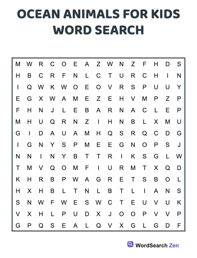 Ocean Animals For Kids Word Search