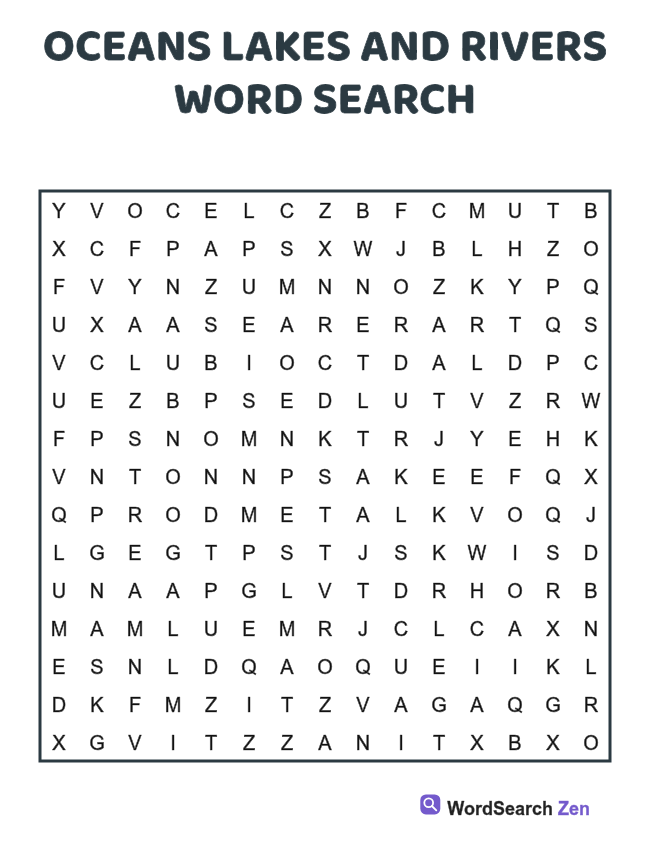 Oceans Lakes and Rivers Word Search printable puzzle sheet, 15 hidden words