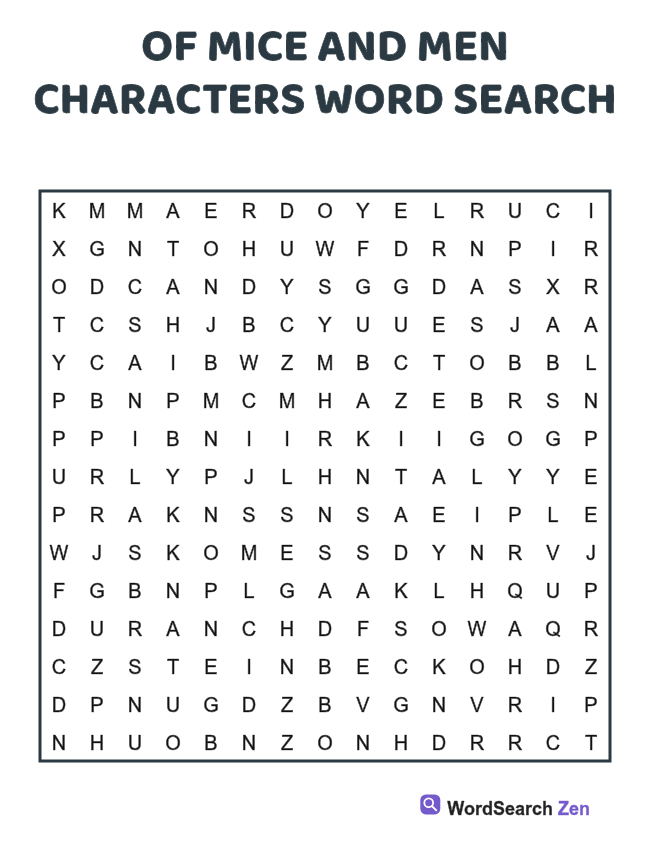 Of Mice and Men Characters Word Search printable puzzle sheet, 15 hidden words