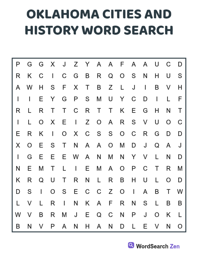 Oklahoma Cities and History Word Search printable puzzle sheet, 15 hidden words