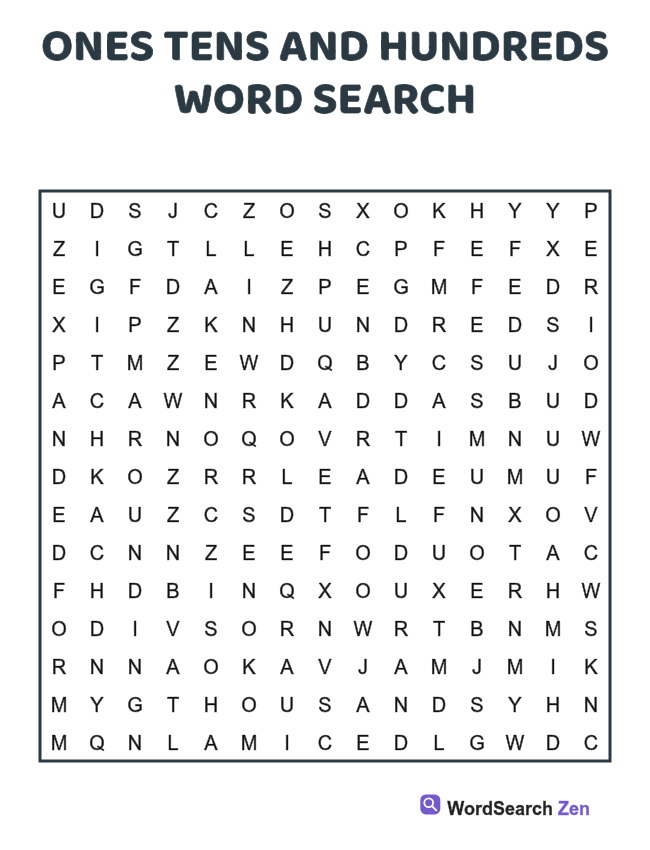Ones Tens and Hundreds Word Search printable puzzle sheet