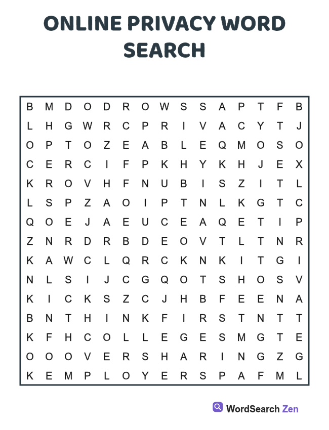 Online Privacy Word Search printable puzzle sheet