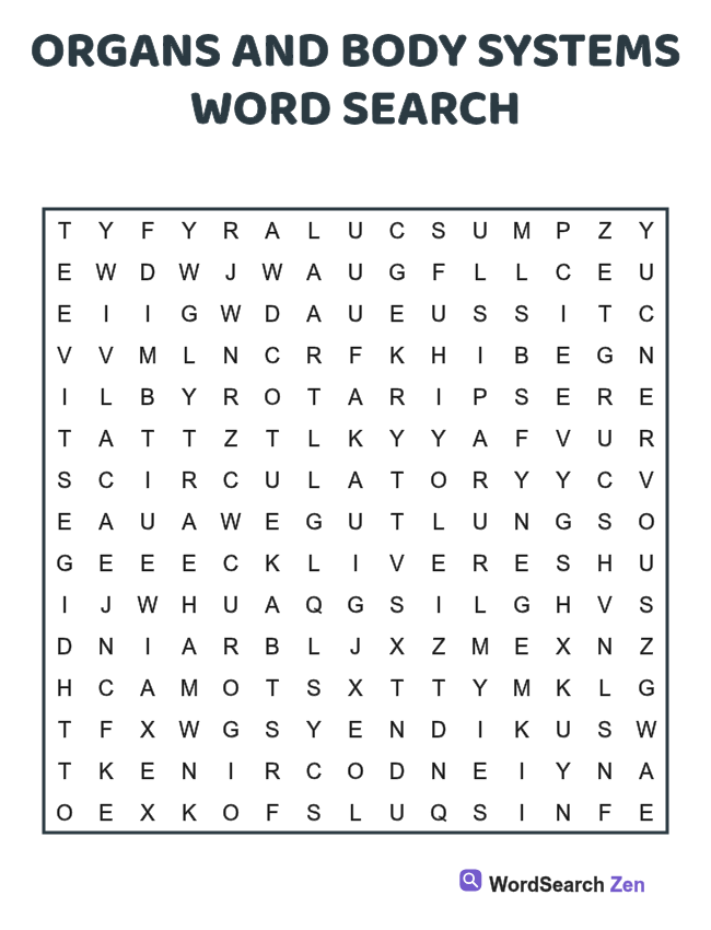 Organs and Body Systems Word Search printable puzzle sheet