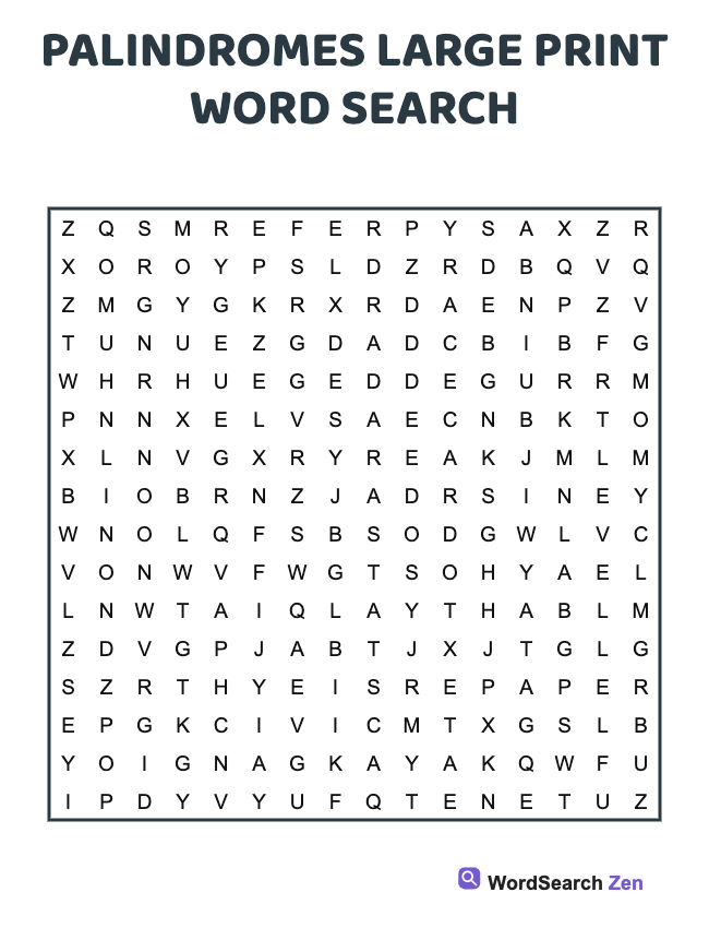 Palindromes Large Print Word Search