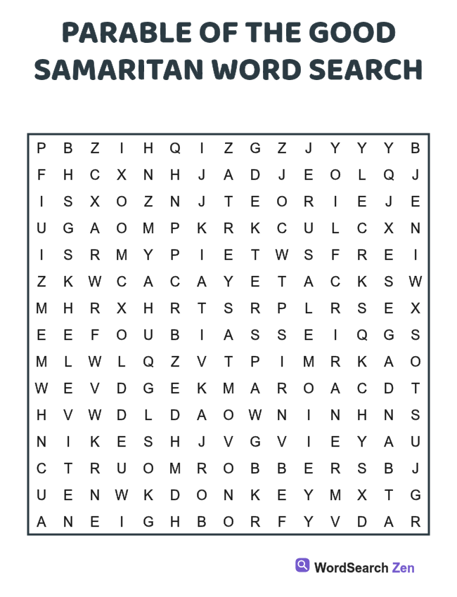 Parable of the Good Samaritan Word Search printable puzzle sheet, 15 hidden words