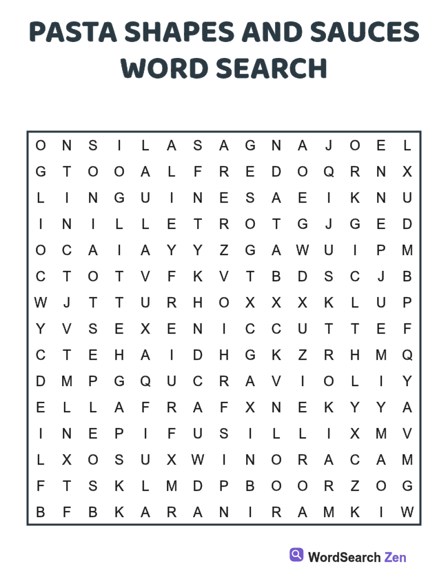 Pasta Shapes and Sauces Word Search printable puzzle sheet, 15 hidden words