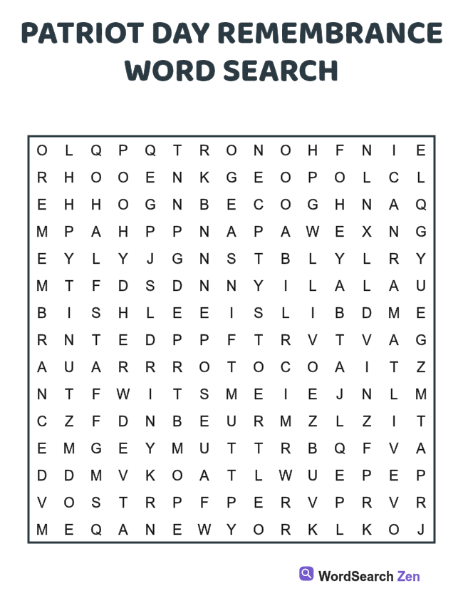 Patriot Day Remembrance Word Search printable puzzle sheet