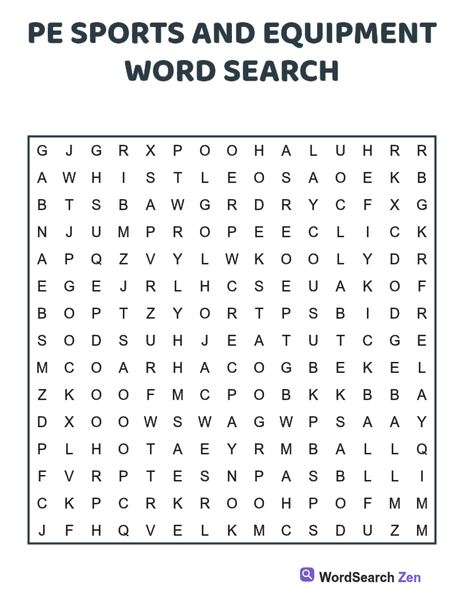 PE Sports and Equipment Word Search printable puzzle sheet